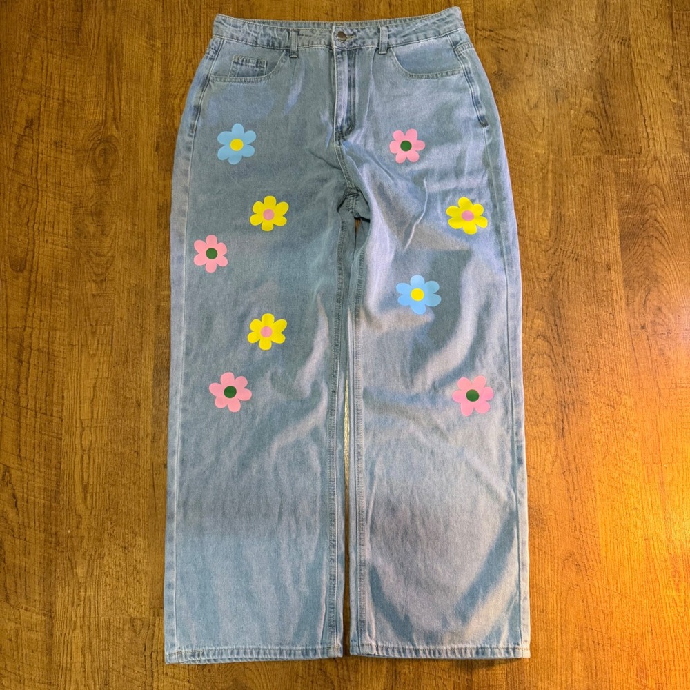 Unbranded Flower Print Jeans Women XL Blue Wide Leg Denim Retro Indie Aesthetic